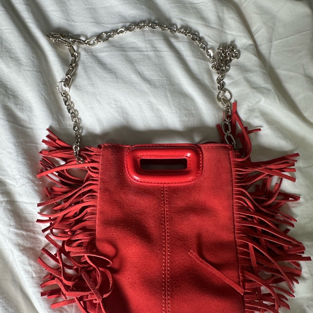 Maje Red Crossbody Bag with Fringe and Chain Strap
